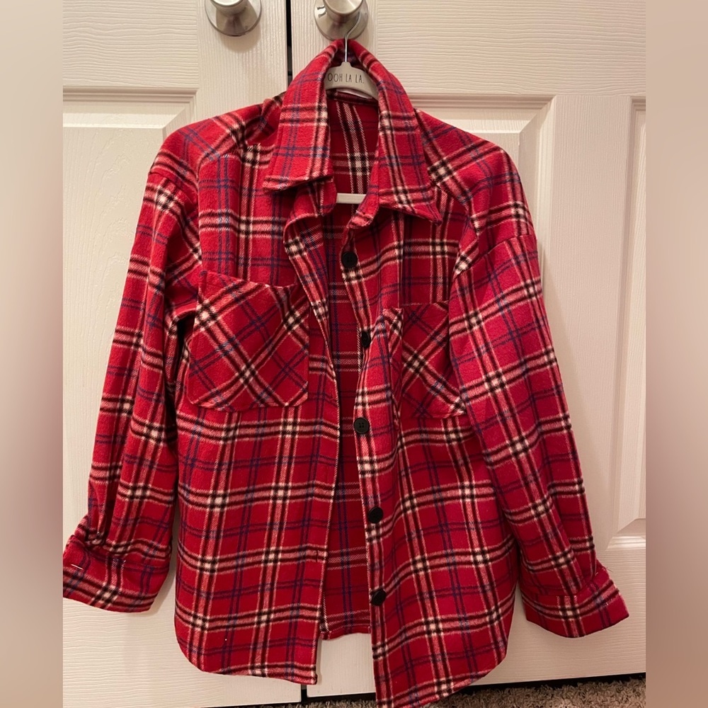 Small Pink Lily red plaid shacket